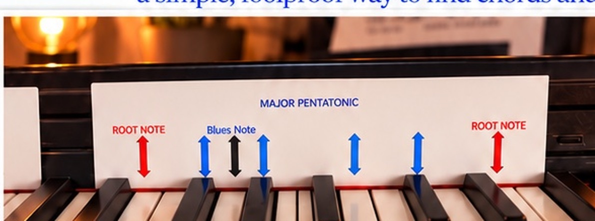Original advertisement photograph showing a major pentatonic Piano Chord Wizard strip along piano keys