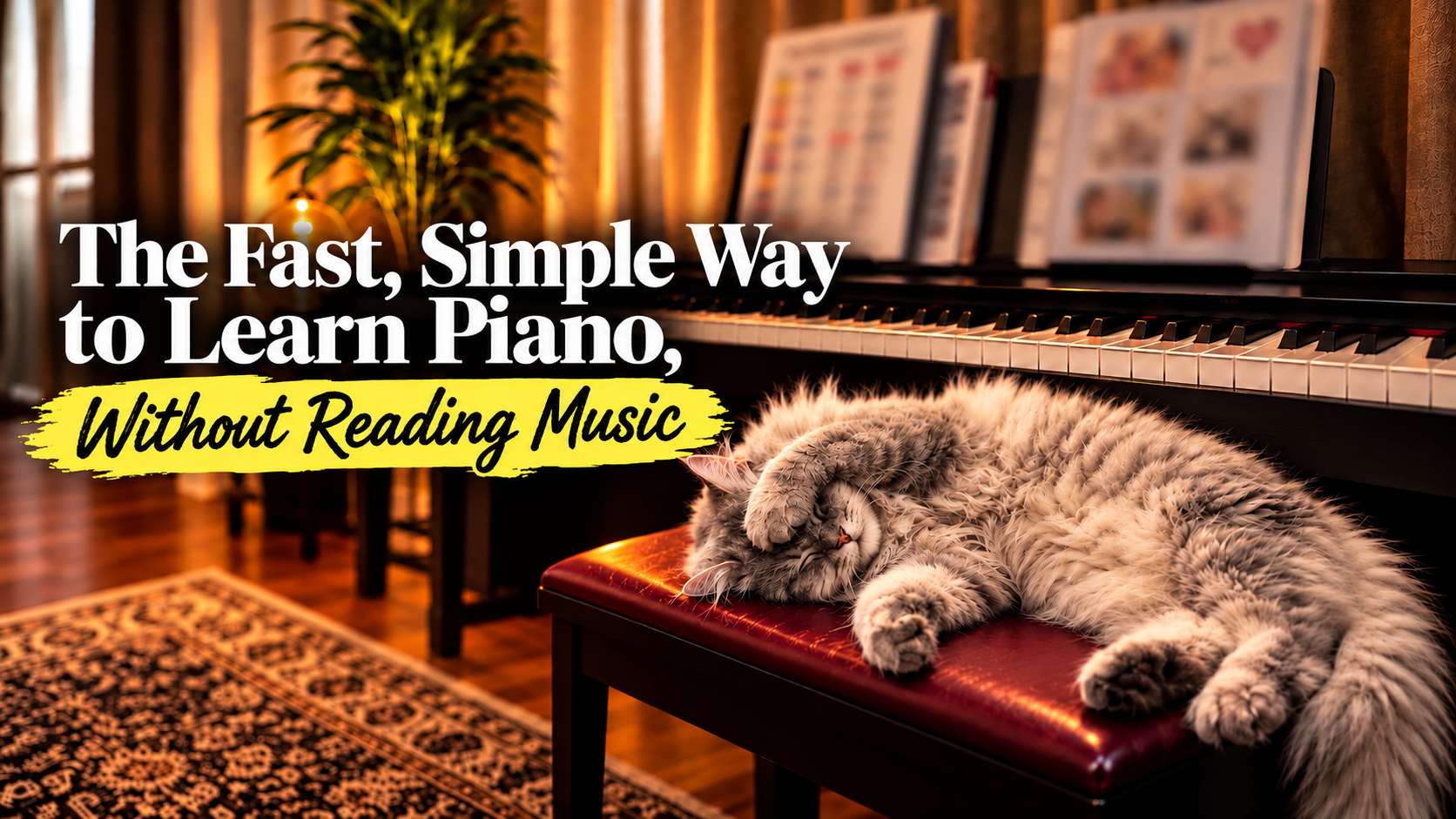 A fluffy grey cat sleeping with its paw over its face on a burgundy piano stool in a warmly lit piano room, beneath the heading The Fast, Simple Way to Learn Piano, Without Reading Music